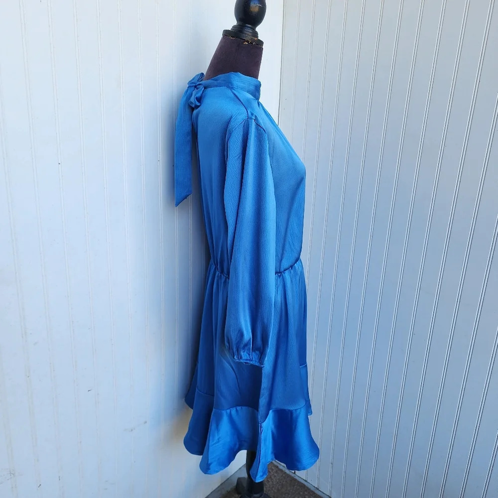 NWT BTFBM Blue Turquoise 3/4 Sleeve Satin Mini Stretch Dress A-Line Ruffle Hem L - Picture 8 of 16